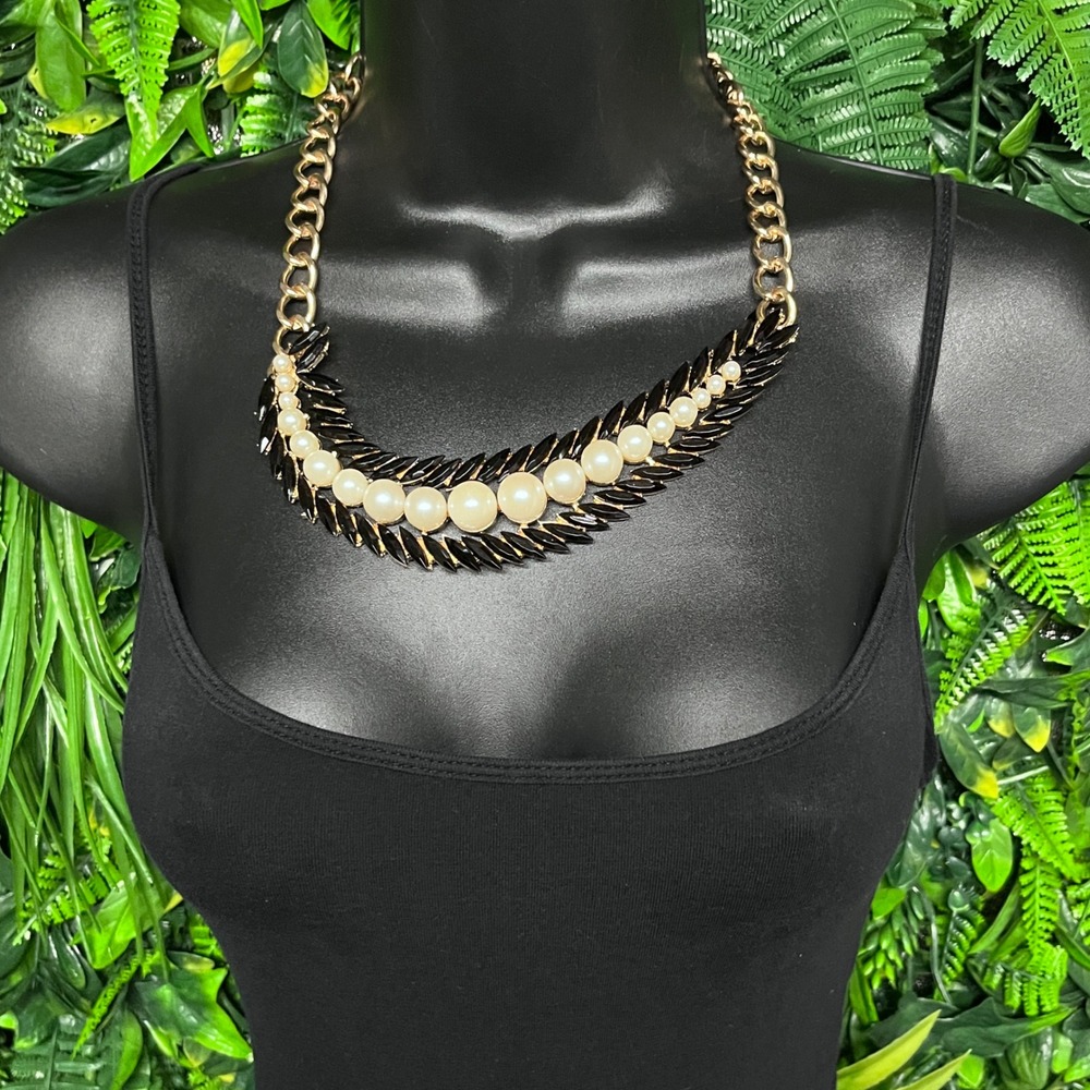 Gold Tone‎ Black Marquise and Faux Pearl Statement Bib Collar Necklace 3980